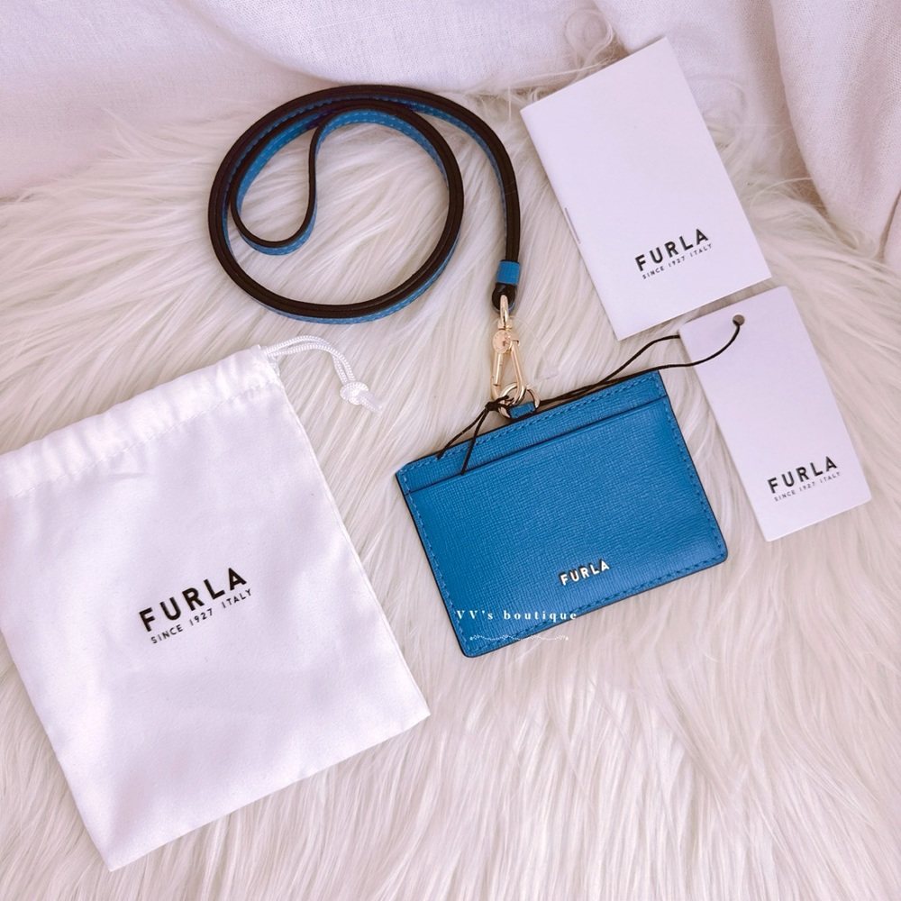 NWT Furla Linda Leather ID Lanyard Onda Blue Limited RARE